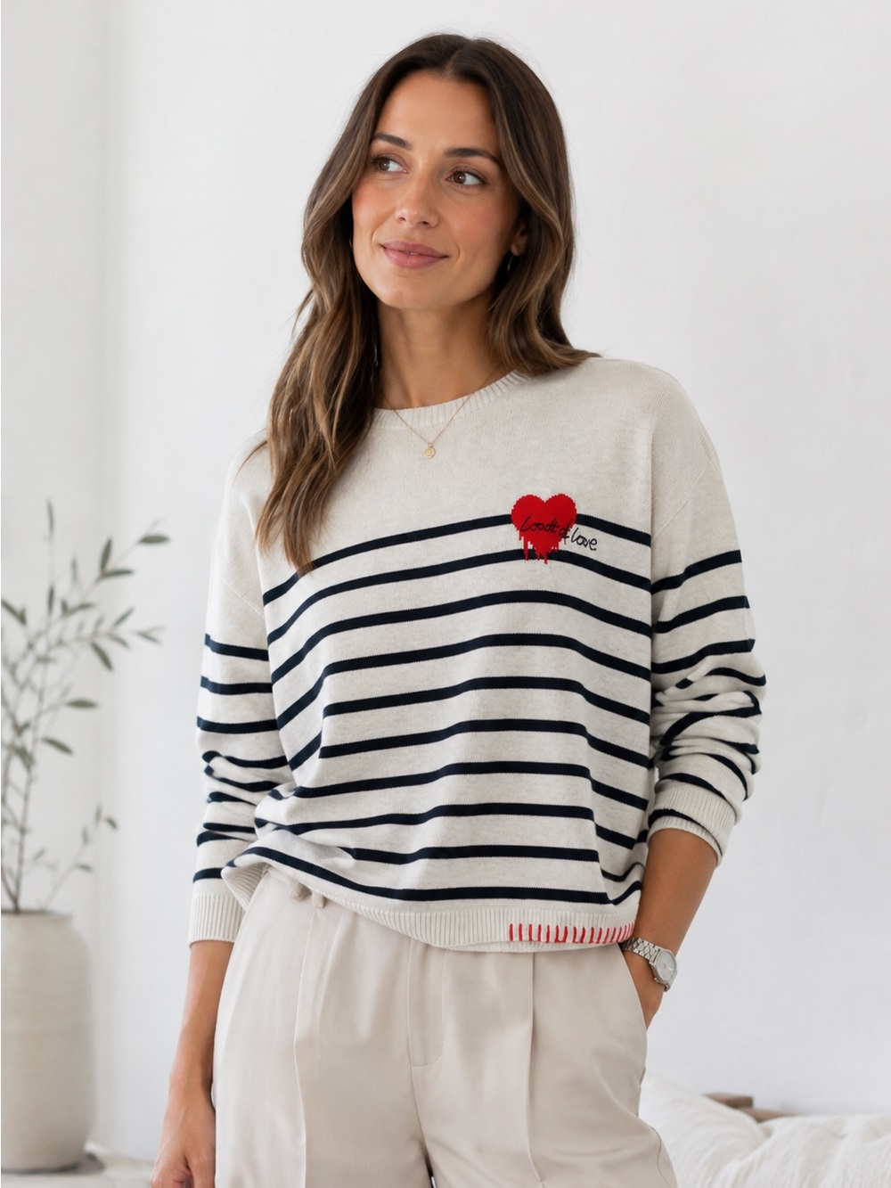 Oui Loads of Love Jumper Sweater US 12 Striped Heart Cotton Knit